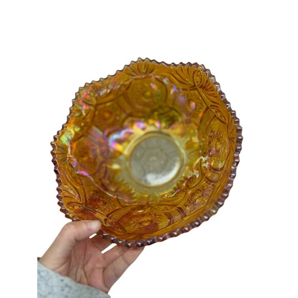 Vintage Marigold Carnival Glass Bowl 8x3 Starburst Crab Claw Pattern Iridescent - Picture 6 of 10